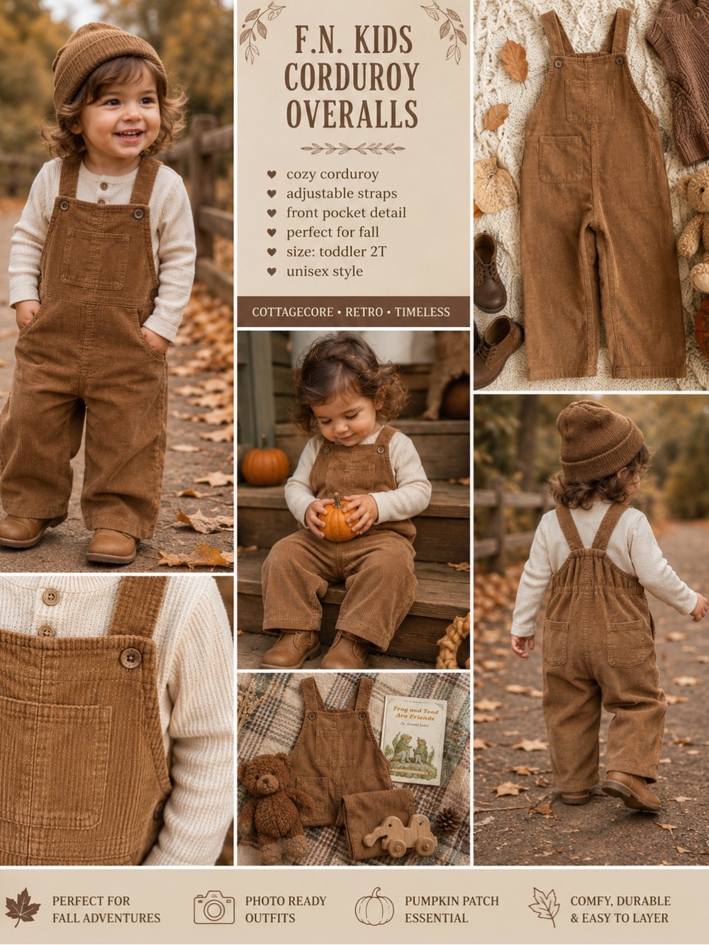 F.N. Kids Corduroy Overalls Toddler 2T Brown Bib Romper Cottagecore Fall Retro